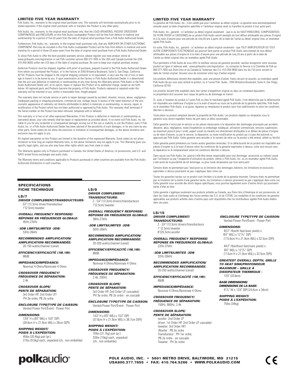 Polk Audio Polkaudio Bookshelf Loudspeaker LSi7 User Manual | Page 8 / 8