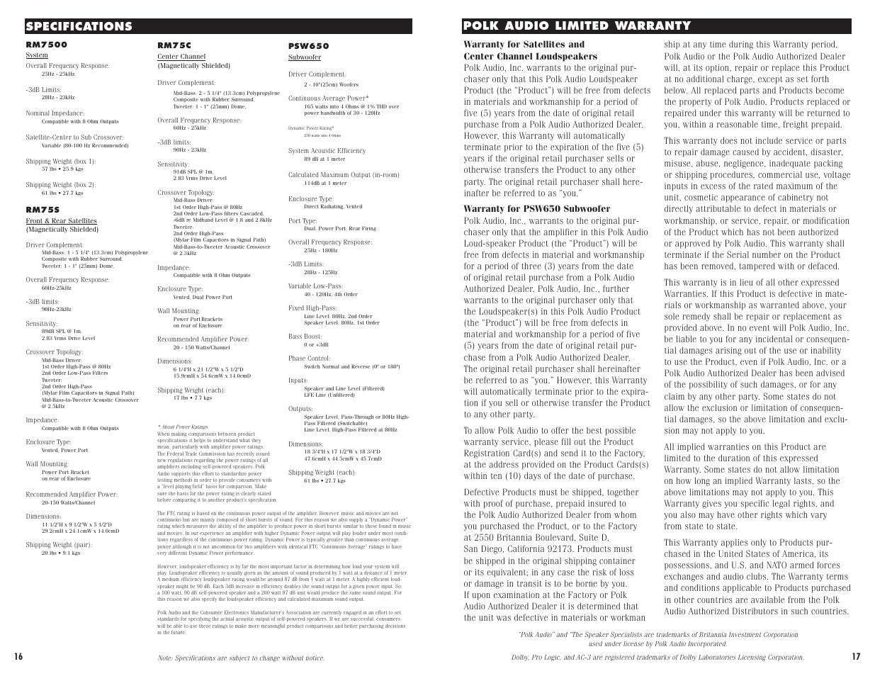 Specifications, Polk audio limited warranty | Polk Audio RM7500 User Manual | Page 10 / 10
