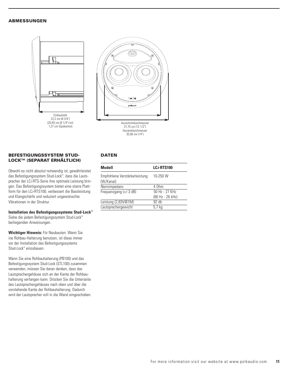 Siehe die jedem befestigungssystem stud-lock, Norm. cut | Polk Audio LCi-RTS100 User Manual | Page 11 / 28