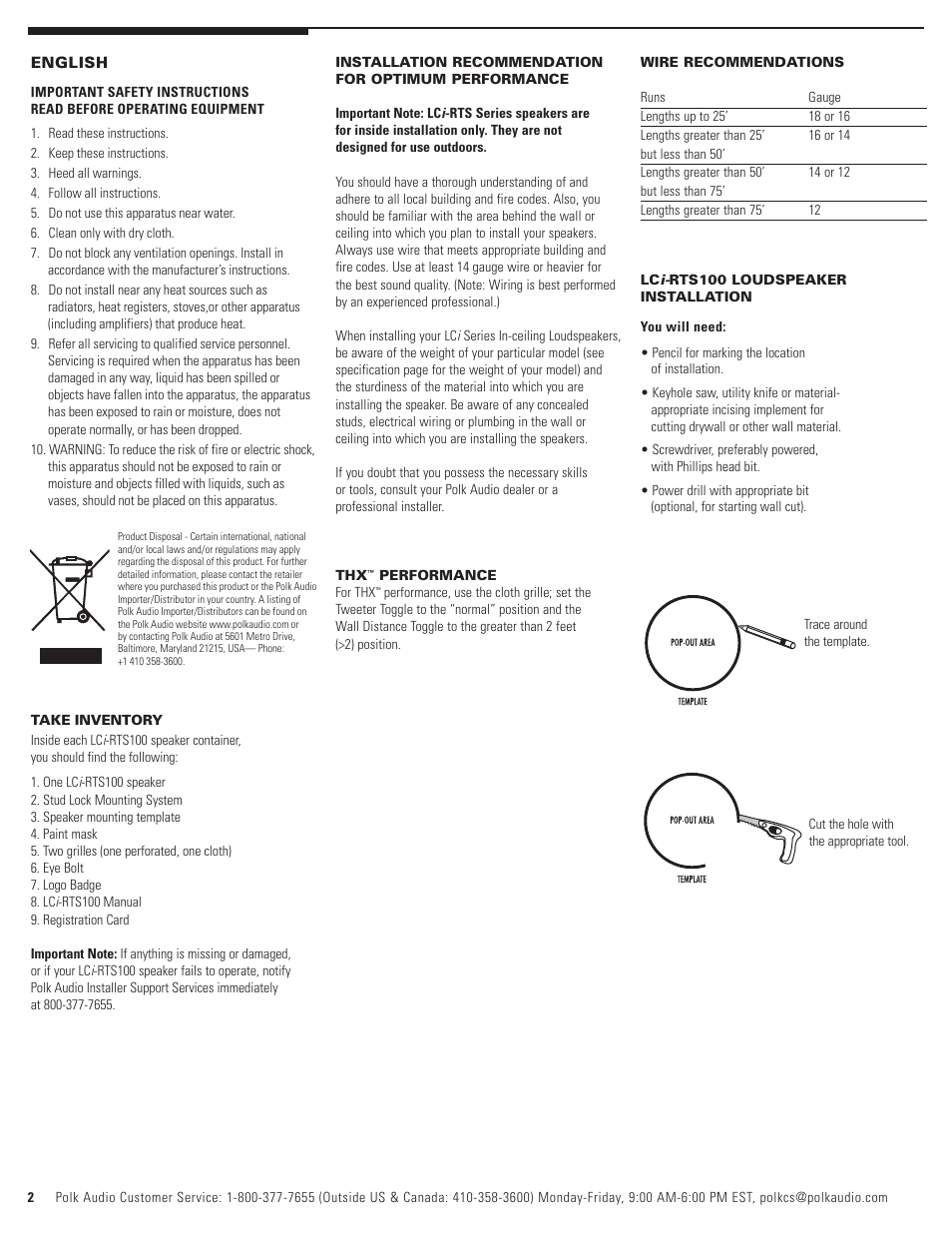 Polk Audio LCi-RTS100 User Manual | Page 2 / 28