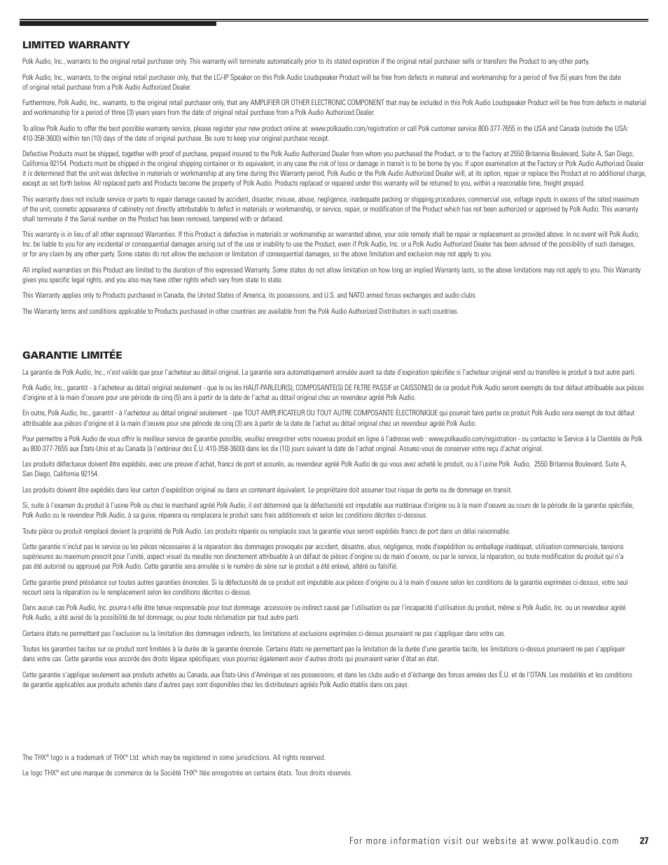 Garantie limitée | Polk Audio LCi-RTS100 User Manual | Page 27 / 28