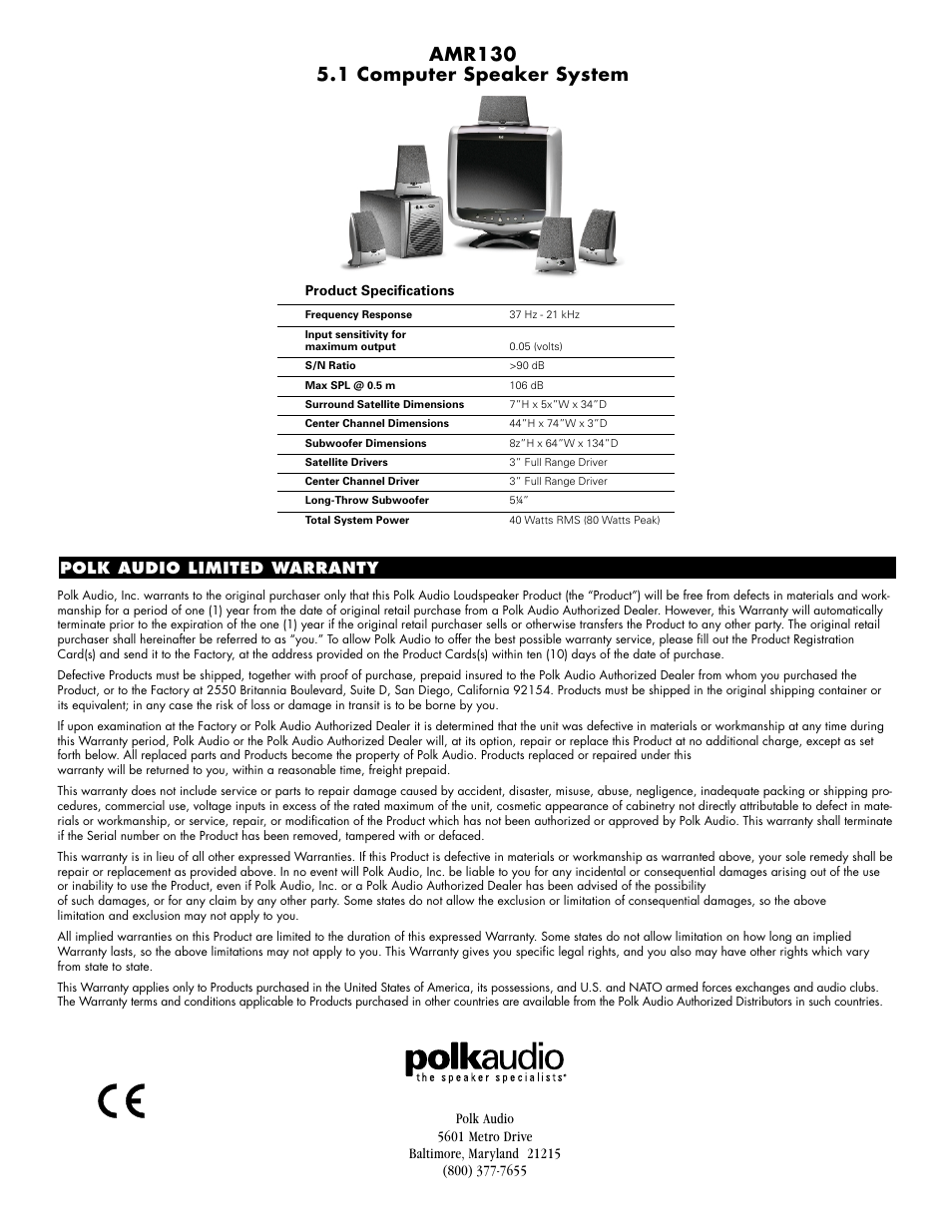 Polk audio limited warranty | Polk Audio AMR130 User Manual | Page 8 / 8