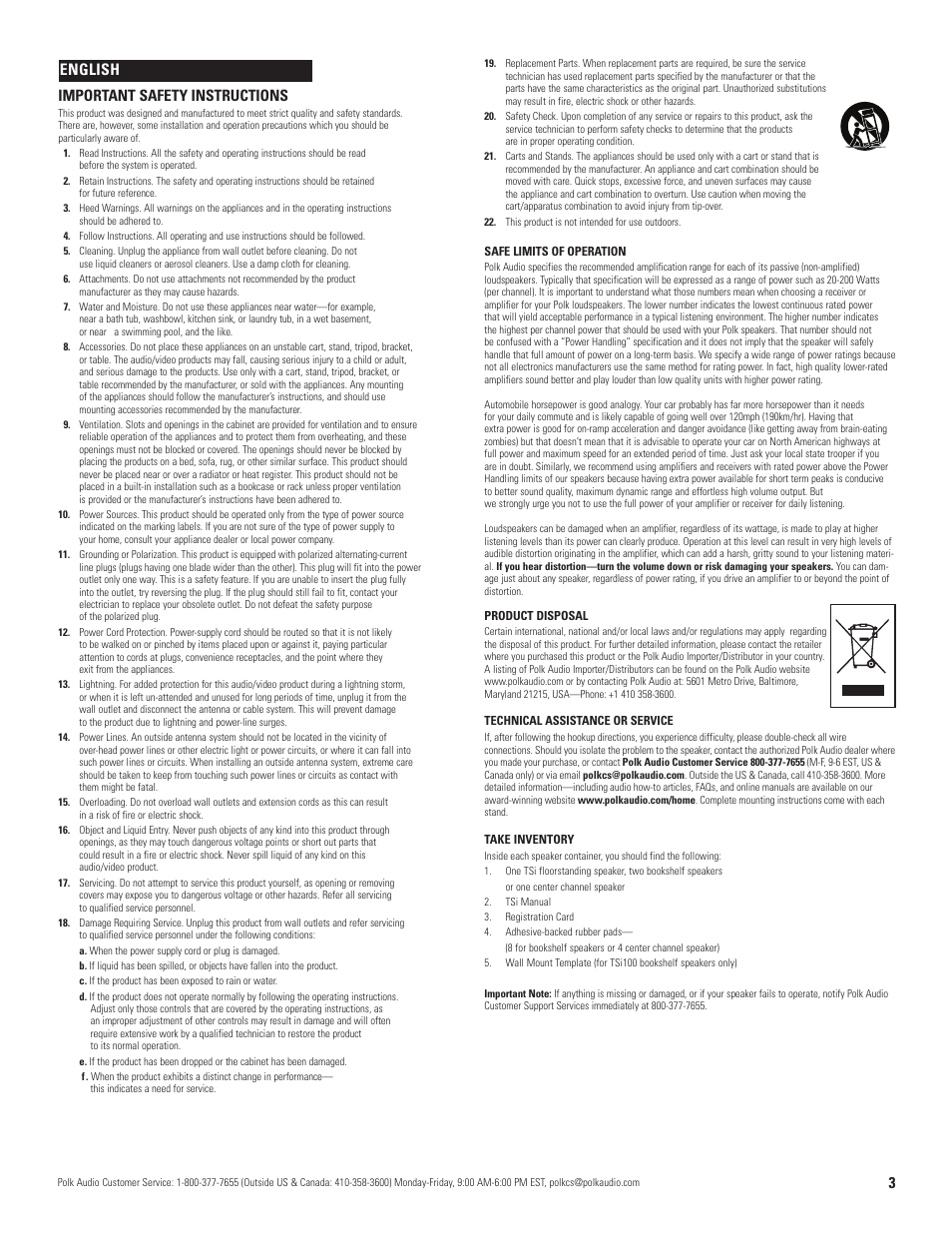 3important safety instructions, English | Polk Audio TSi User Manual | Page 3 / 16