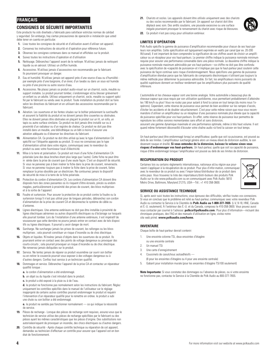 4consignes de sécurité importantes, Français | Polk Audio TSi User Manual | Page 4 / 16