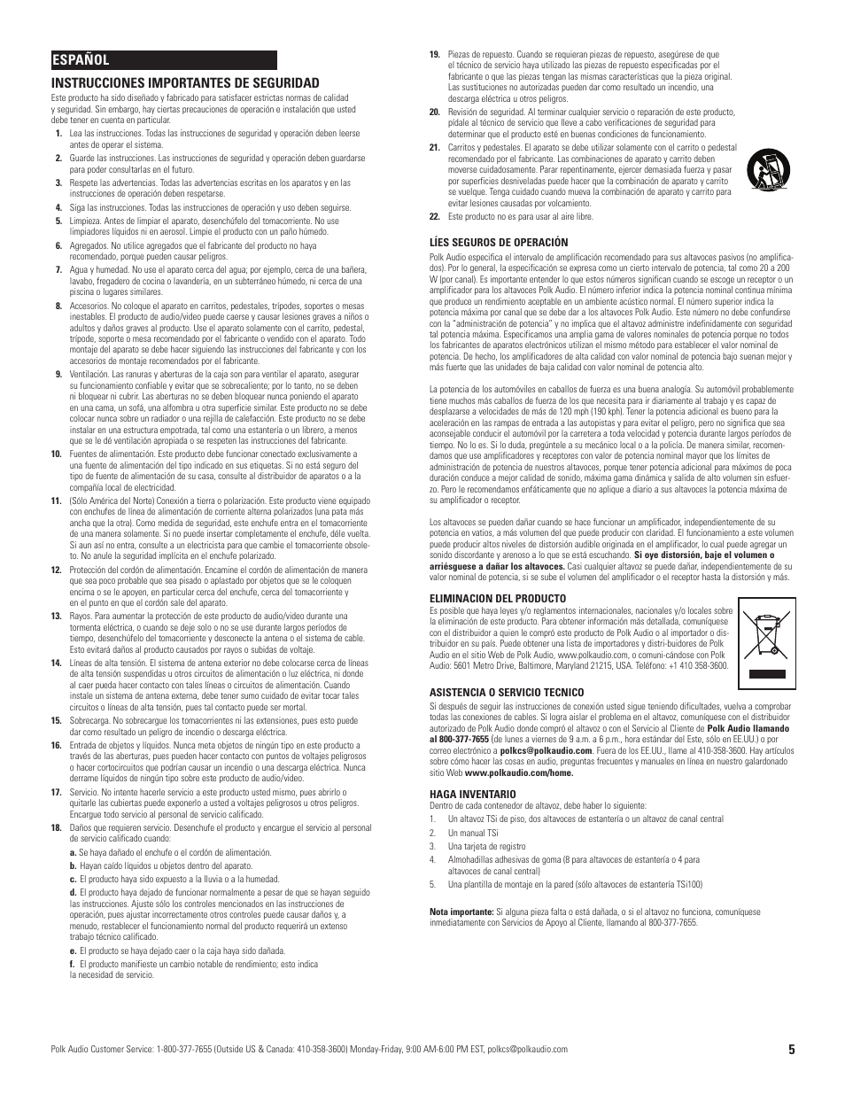 5instrucciones importantes de seguridad, Español | Polk Audio TSi User Manual | Page 5 / 16