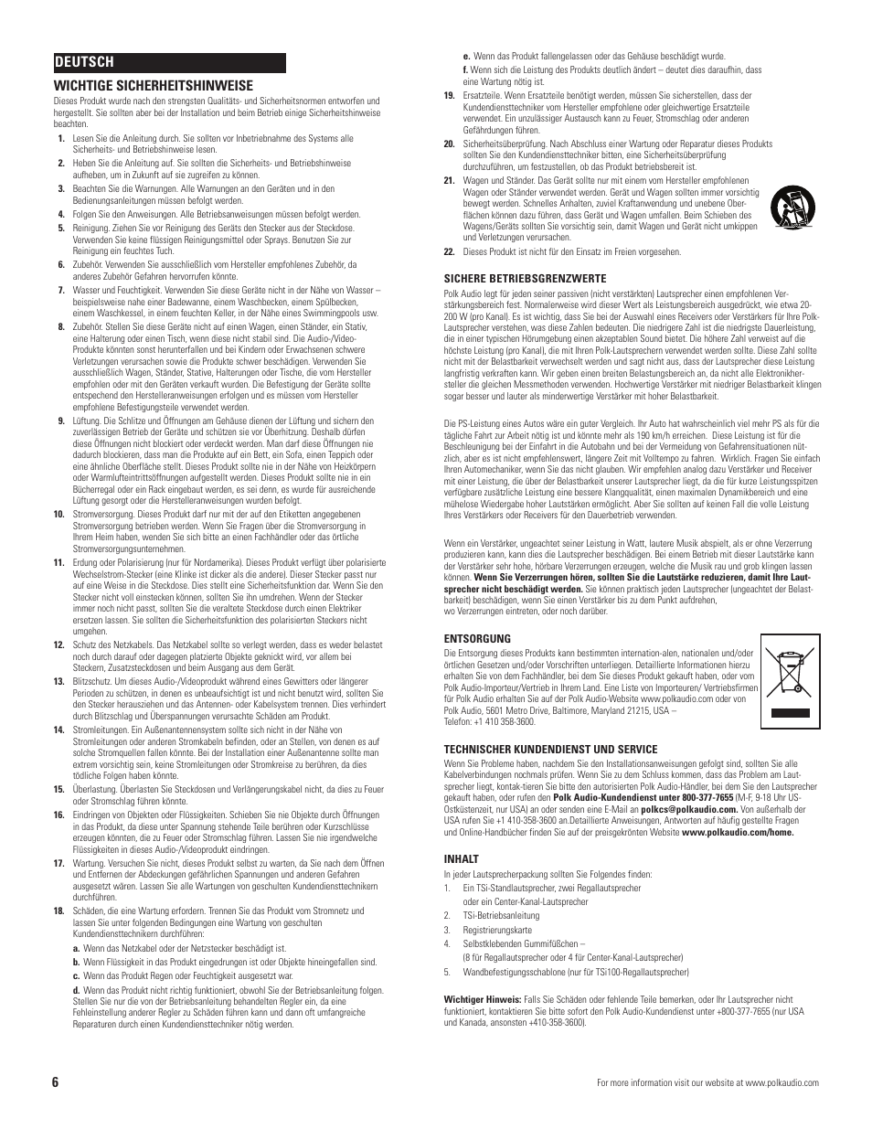 6wichtige sicherheitshinweise, Deutsch | Polk Audio TSi User Manual | Page 6 / 16