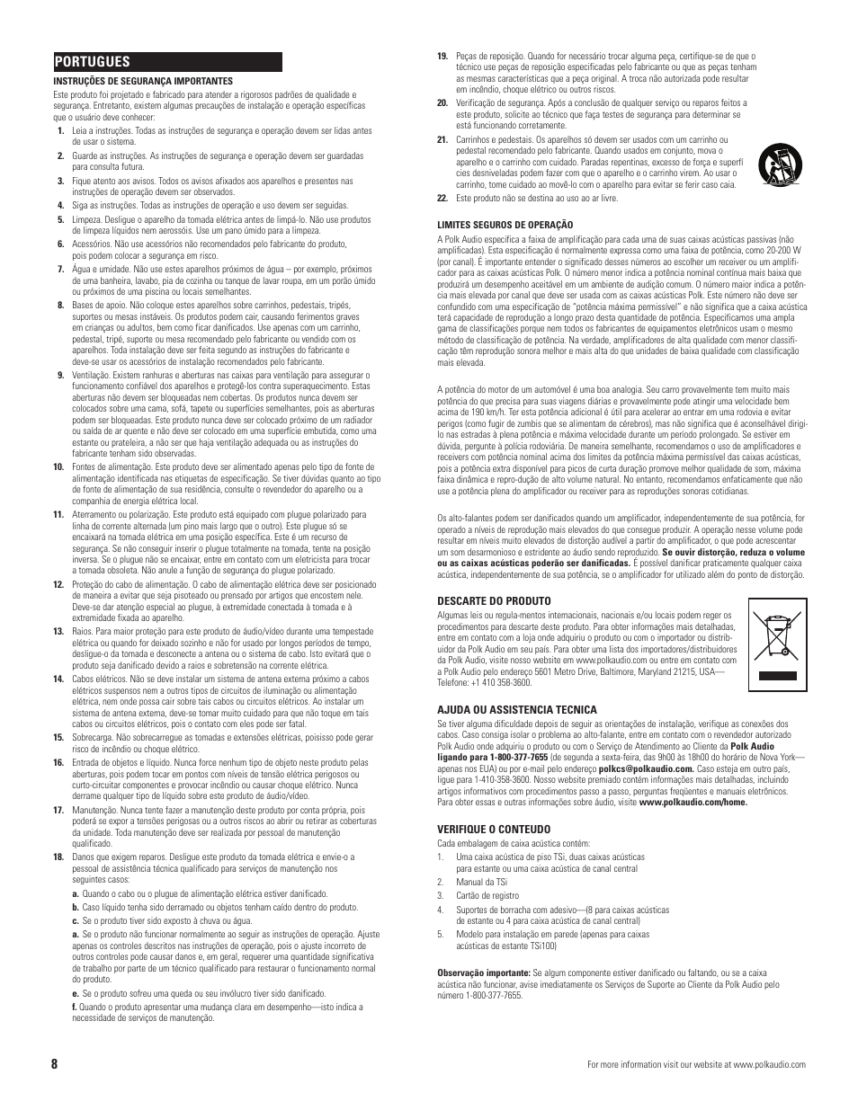 Portugues | Polk Audio TSi User Manual | Page 8 / 16