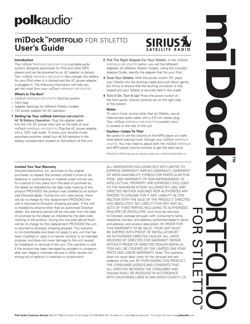 Polk Audio Designs Midock Portfolio For Sirius Stiletto Portable Radio DEISSLPTD1 User Manual | 2 pages