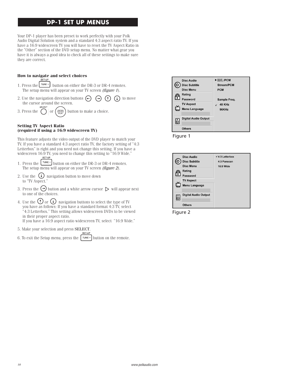 Set up menus, Dp-1 set up menus | Polk Audio DP-1 User Manual | Page 10 / 46