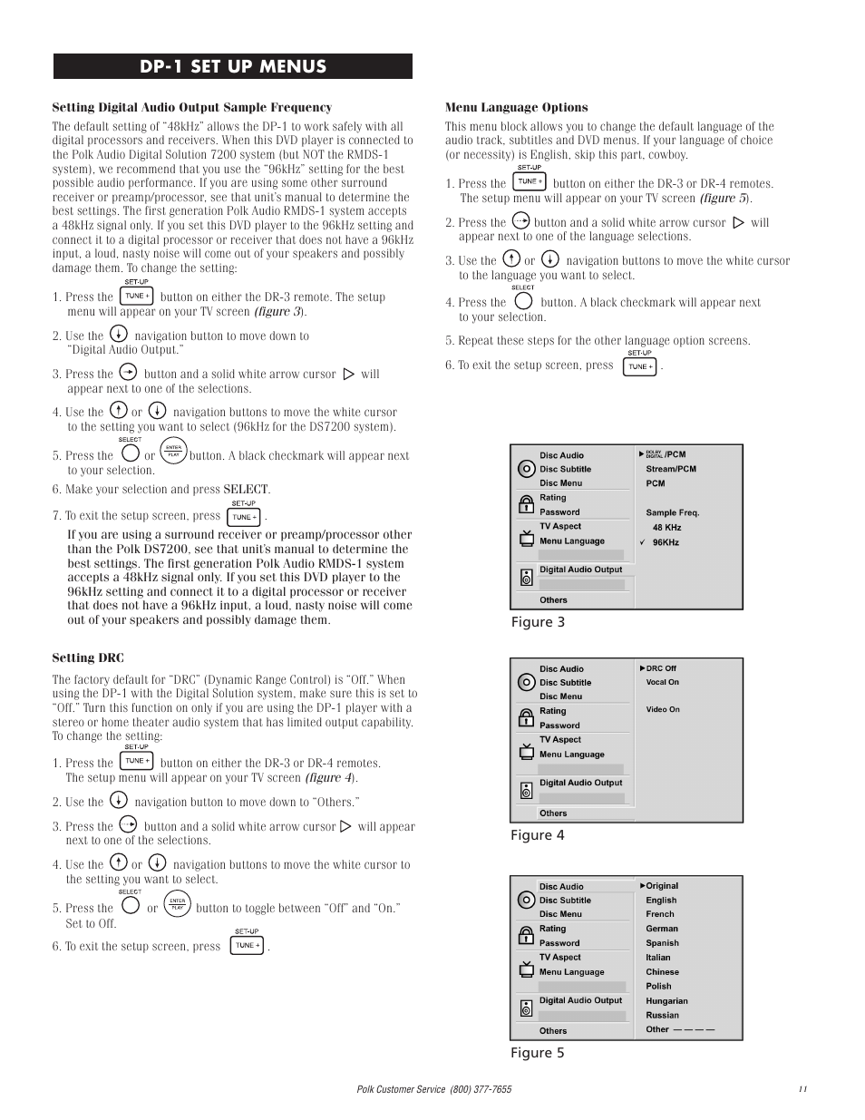 Digital out set, Dp-1 set up menus | Polk Audio DP-1 User Manual | Page 11 / 46