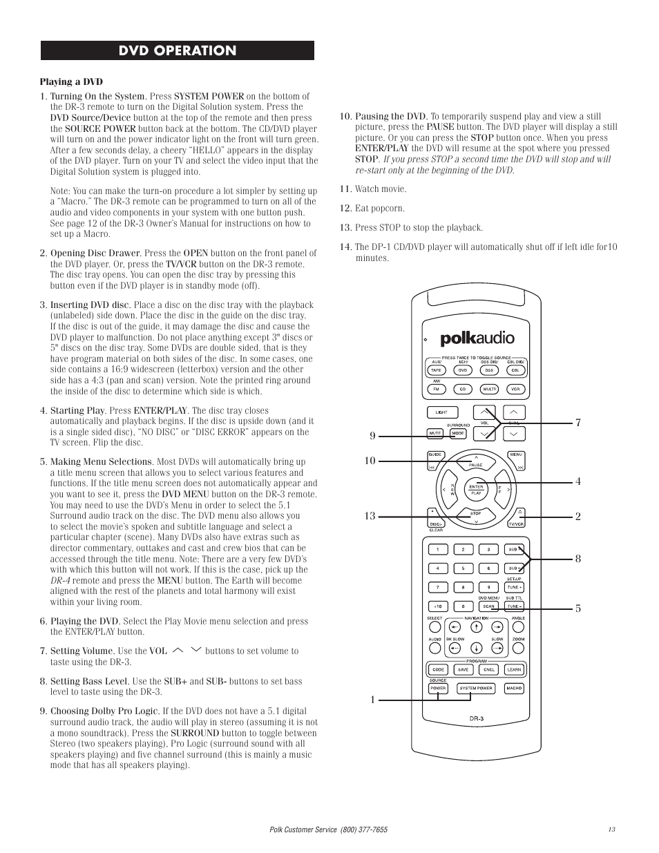 Dvd play, Dvd operation | Polk Audio DP-1 User Manual | Page 13 / 46