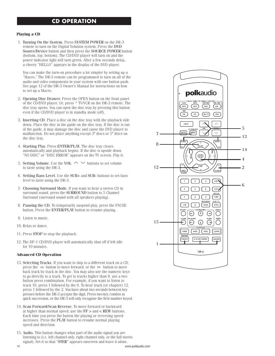 Cd play, Cd operation | Polk Audio DP-1 User Manual | Page 16 / 46