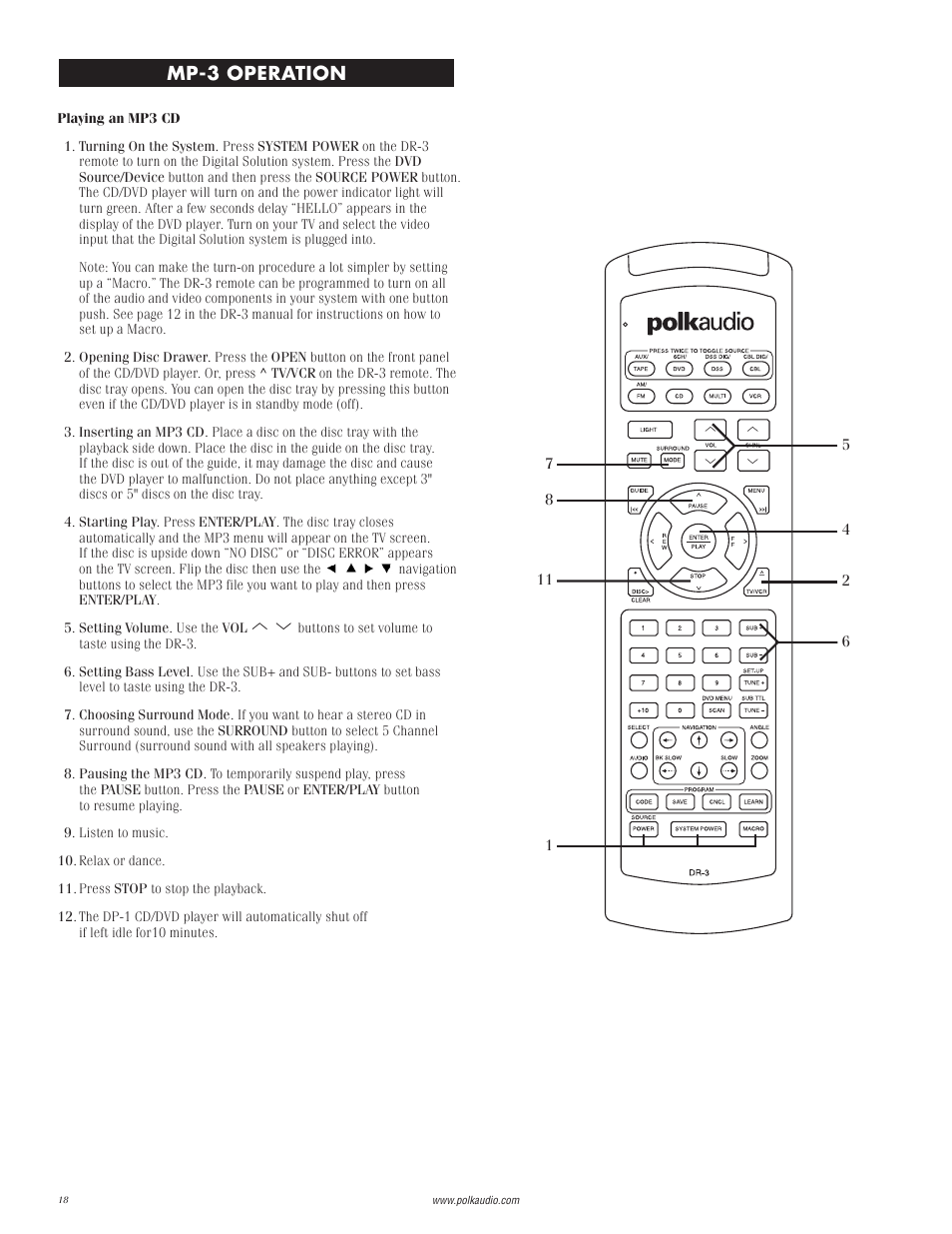 Mp cd play, Mp-3 operation | Polk Audio DP-1 User Manual | Page 18 / 46