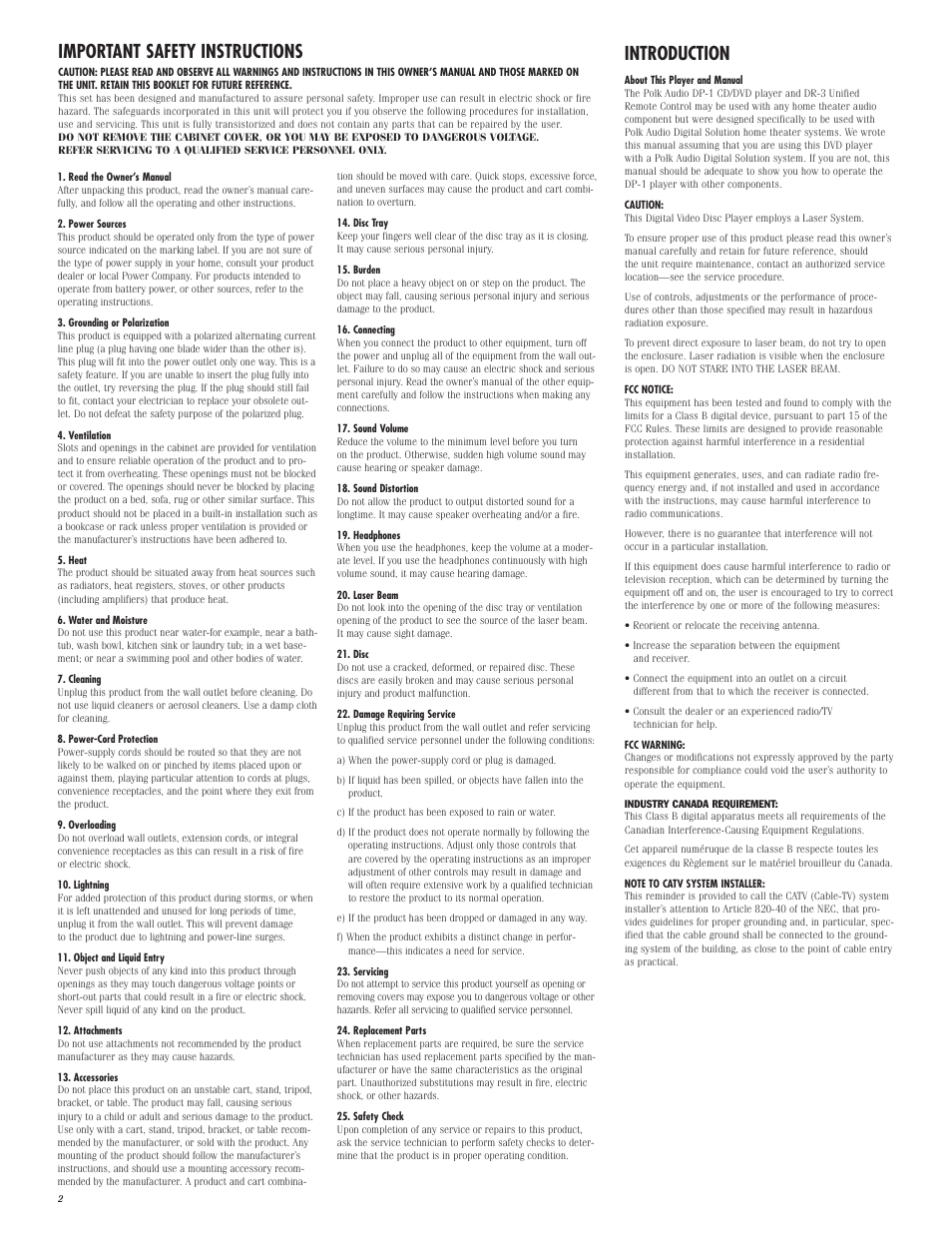 Introduction, Important safety instructions | Polk Audio DP-1 User Manual | Page 2 / 46