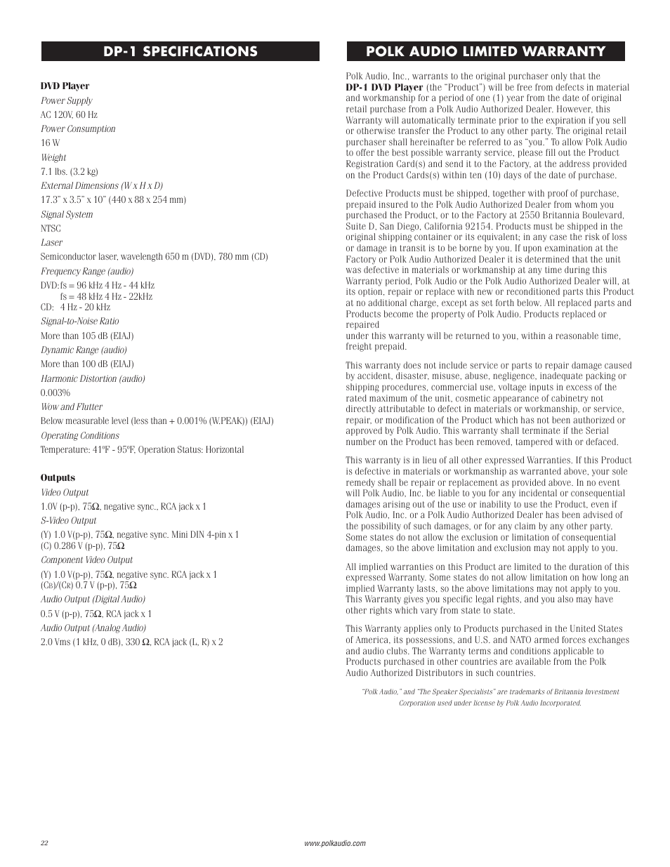 Specs, Warranty info, Dp-1 specifications | Polk audio limited warranty | Polk Audio DP-1 User Manual | Page 22 / 46