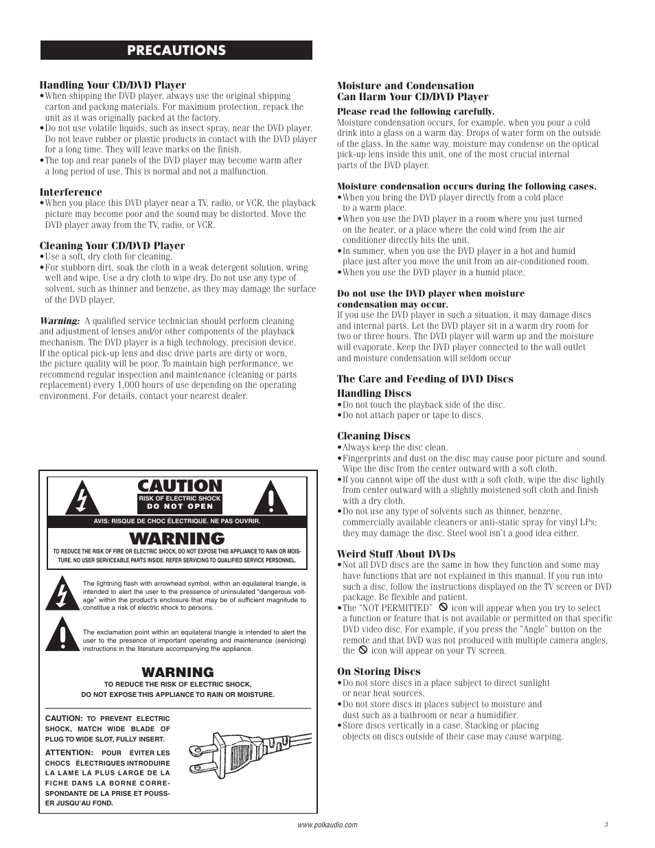 Warning, Caution, Precautions | Polk Audio DP-1 User Manual | Page 3 / 46