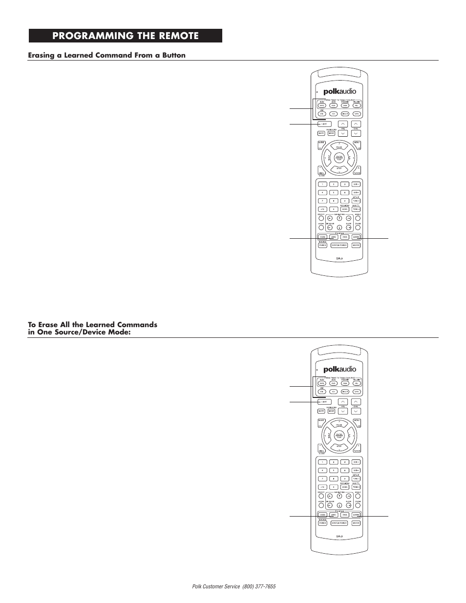 Erasing codes, Programming the remote | Polk Audio DP-1 User Manual | Page 34 / 46