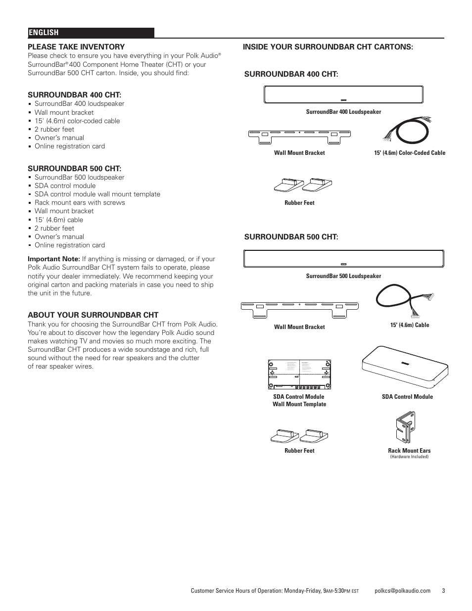 Polk Audio SurroundBar 400 Component Home Theater Speaker Bar CHT400 User Manual | Page 3 / 40