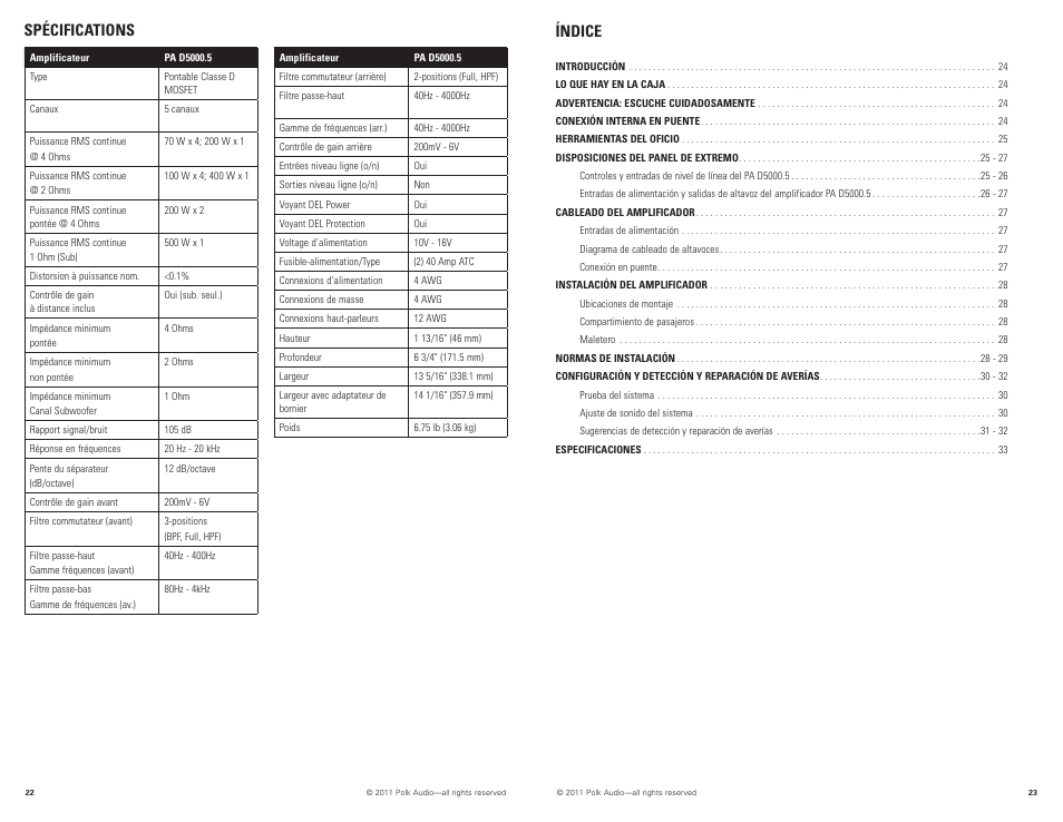 Spécifications índice | Polk Audio D5000.5 User Manual | Page 12 / 34