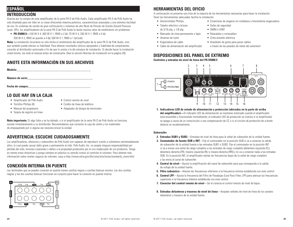 Español introducción, Lo que hay en la caja, Advertencia: escuche cuidadosamente | Conexión interna en puente, Herramientas del oficio, Disposiciones del panel de extremo | Polk Audio D5000.5 User Manual | Page 13 / 34