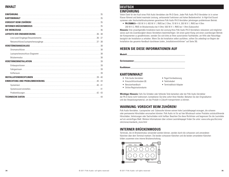 Inhalt, Deutsch einführung, Heben sie diese informationen auf | Kartoninhalt, Warnung: vorsicht beim zuhören, Interner brückenmodus | Polk Audio D5000.5 User Manual | Page 18 / 34