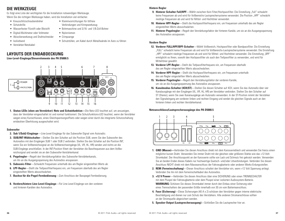 Die werkzeuge, Layouts der endabdeckung | Polk Audio D5000.5 User Manual | Page 19 / 34