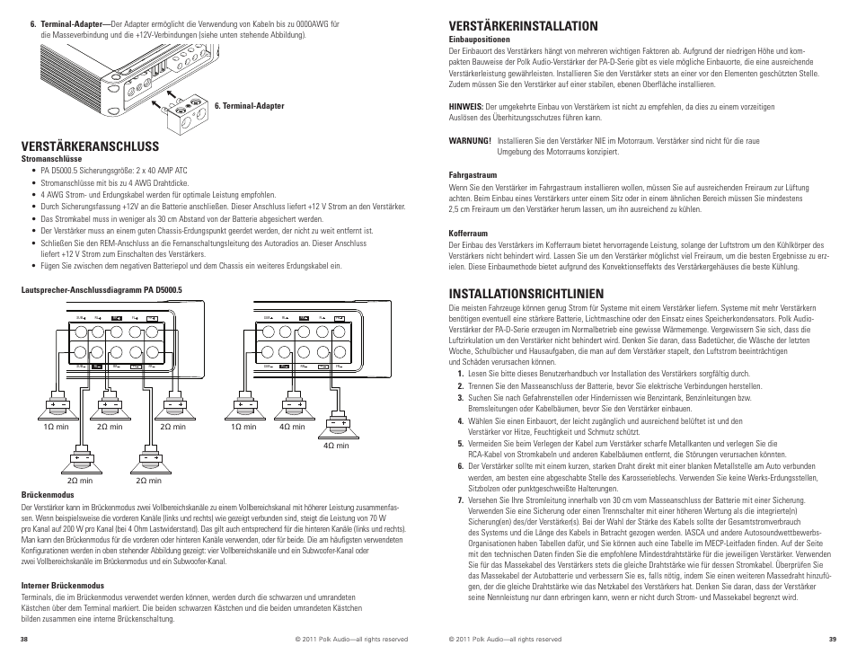 Verstärkeranschluss, Verstärkerinstallation, Installationsrichtlinien | Polk Audio D5000.5 User Manual | Page 20 / 34