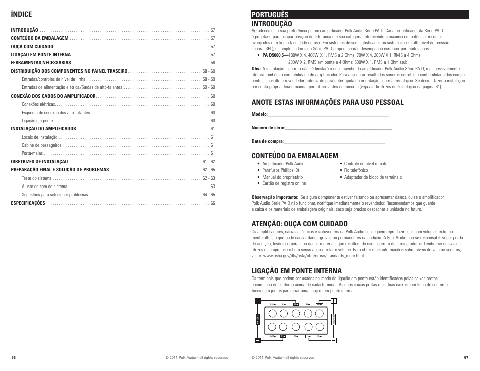 Índice, Português introdução, Conteúdo da embalagem | Atenção: ouça com cuidado, Ligação em ponte interna | Polk Audio D5000.5 User Manual | Page 29 / 34