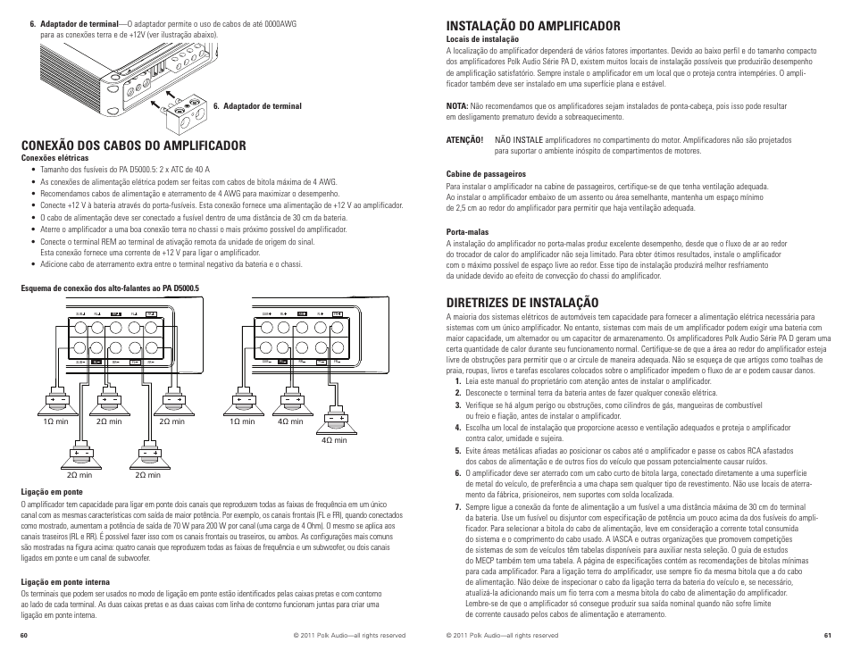 Conexão dos cabos do amplificador, Instalação do amplificador, Diretrizes de instalação | Polk Audio D5000.5 User Manual | Page 31 / 34