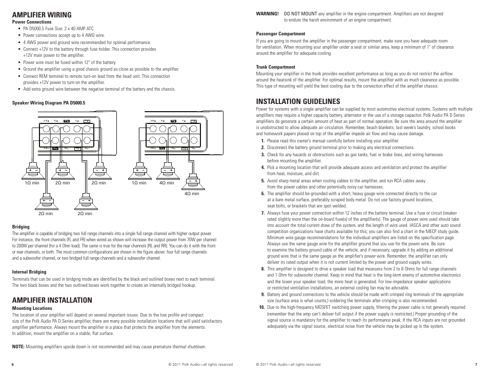 Amplifier wiring, Amplifier installation, Installation guidelines | Polk Audio D5000.5 User Manual | Page 4 / 34