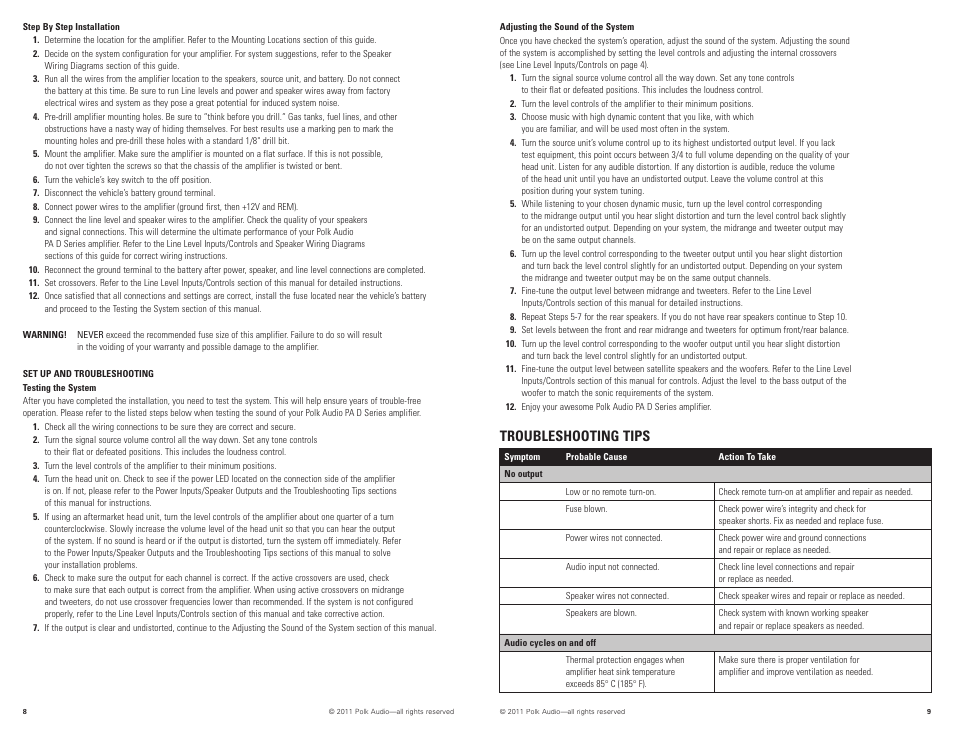 Troubleshooting tips | Polk Audio D5000.5 User Manual | Page 5 / 34