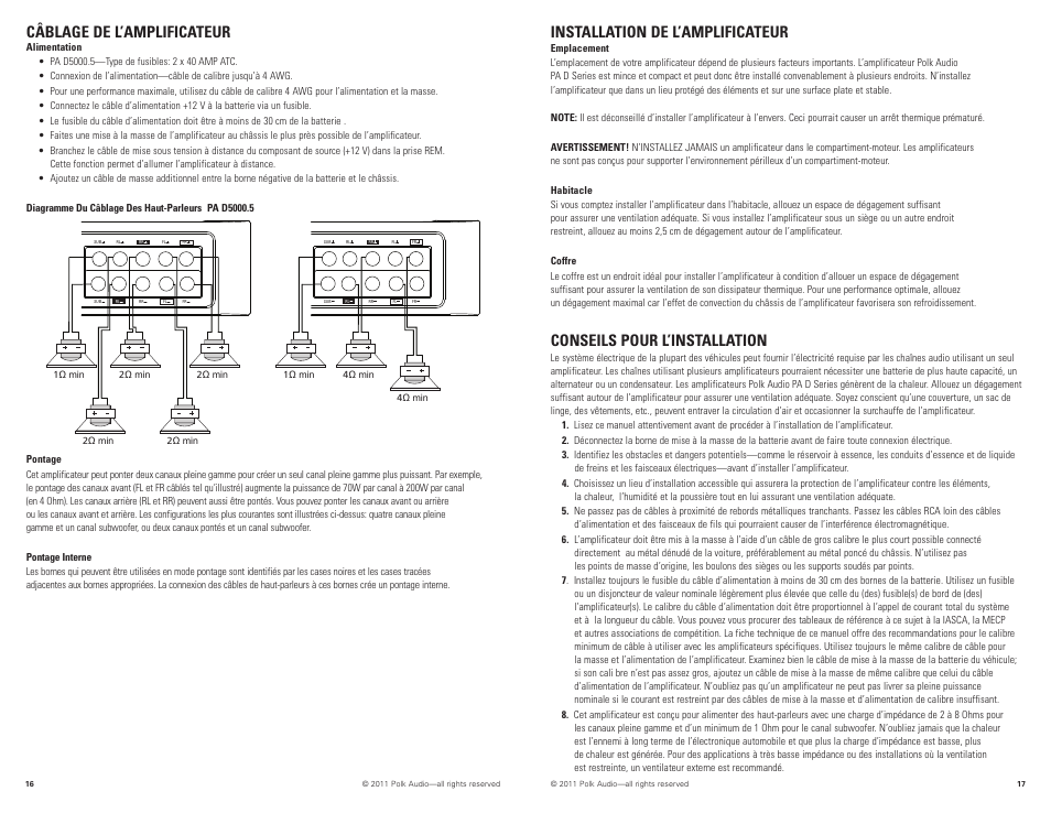 Câblage de l’amplificateur, Installation de l’amplificateur, Conseils pour l’installation | Polk Audio D5000.5 User Manual | Page 9 / 34