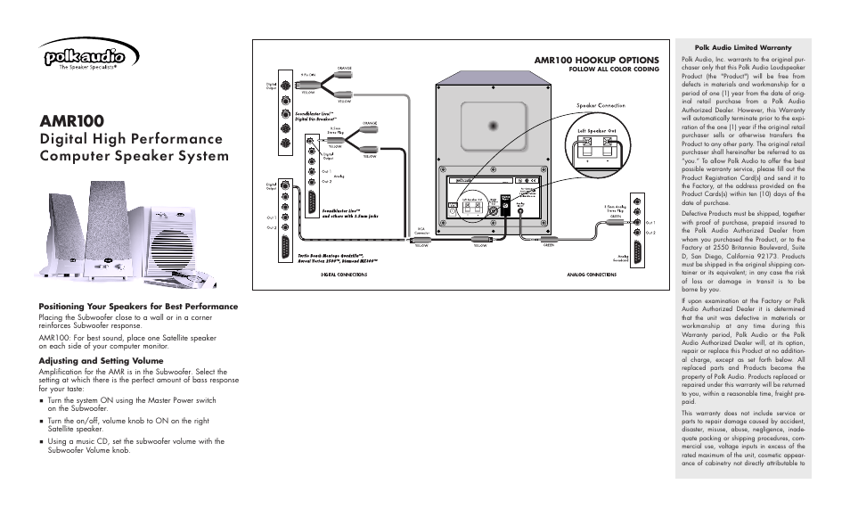 Polk Audio AMR100 User Manual | 2 pages