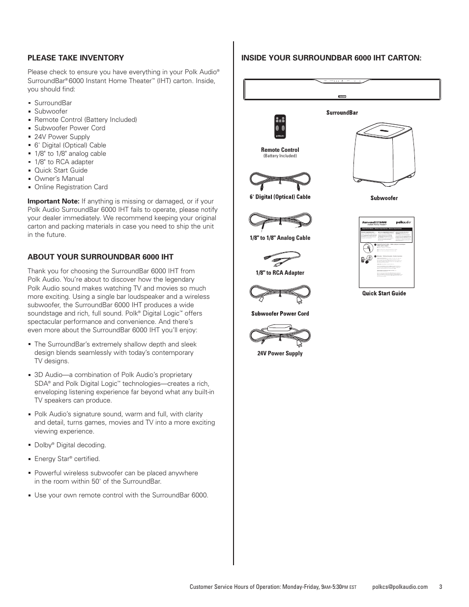 Polk Audio SurroundBar IHT 6000 Instant Home Theater AM1600-A User Manual | Page 3 / 32