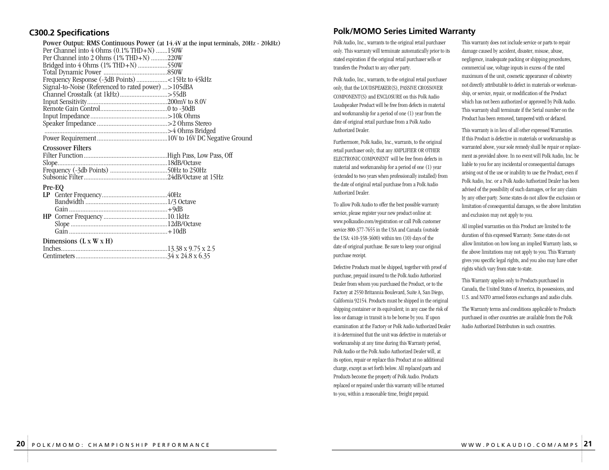 Polk Audio CARBON SERIES C300.2 User Manual | Page 11 / 13