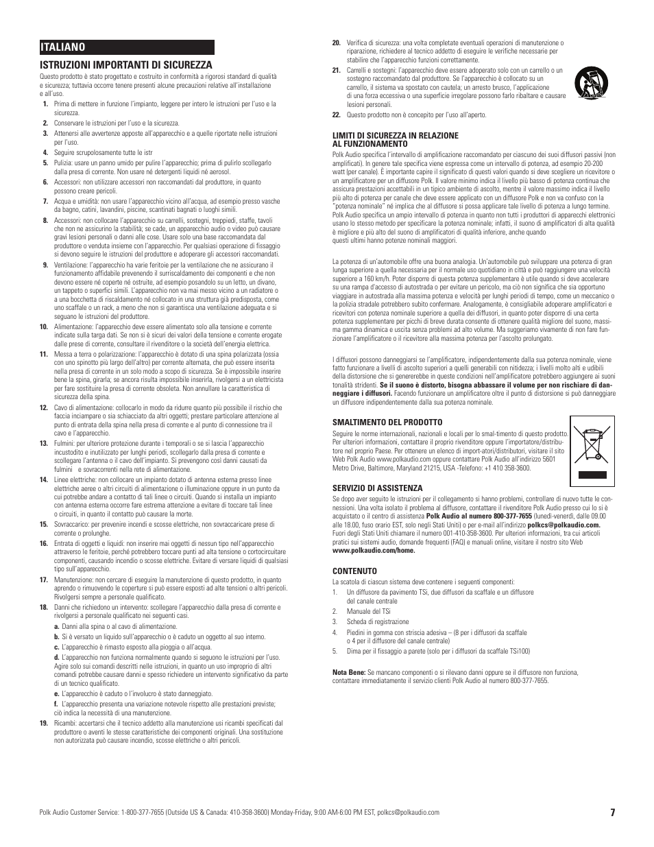 7istruzioni importanti di sicurezza, Italiano | Polk Audio TSi 500 User Manual | Page 6 / 15