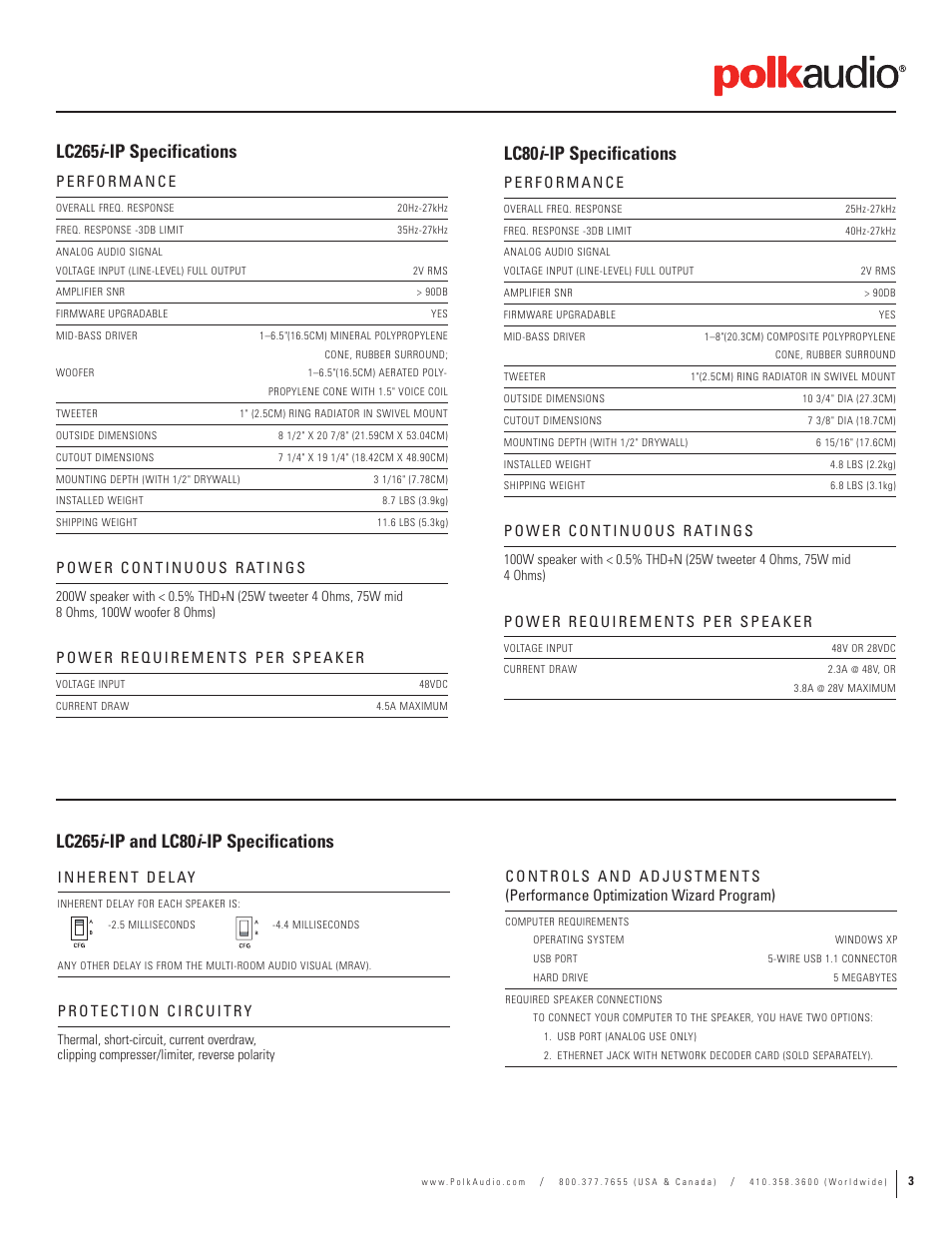 Lc265 i -ip specifications, Lc80 i -ip specifications | Polk Audio LC265i-IP  EN User Manual | Page 3 / 4