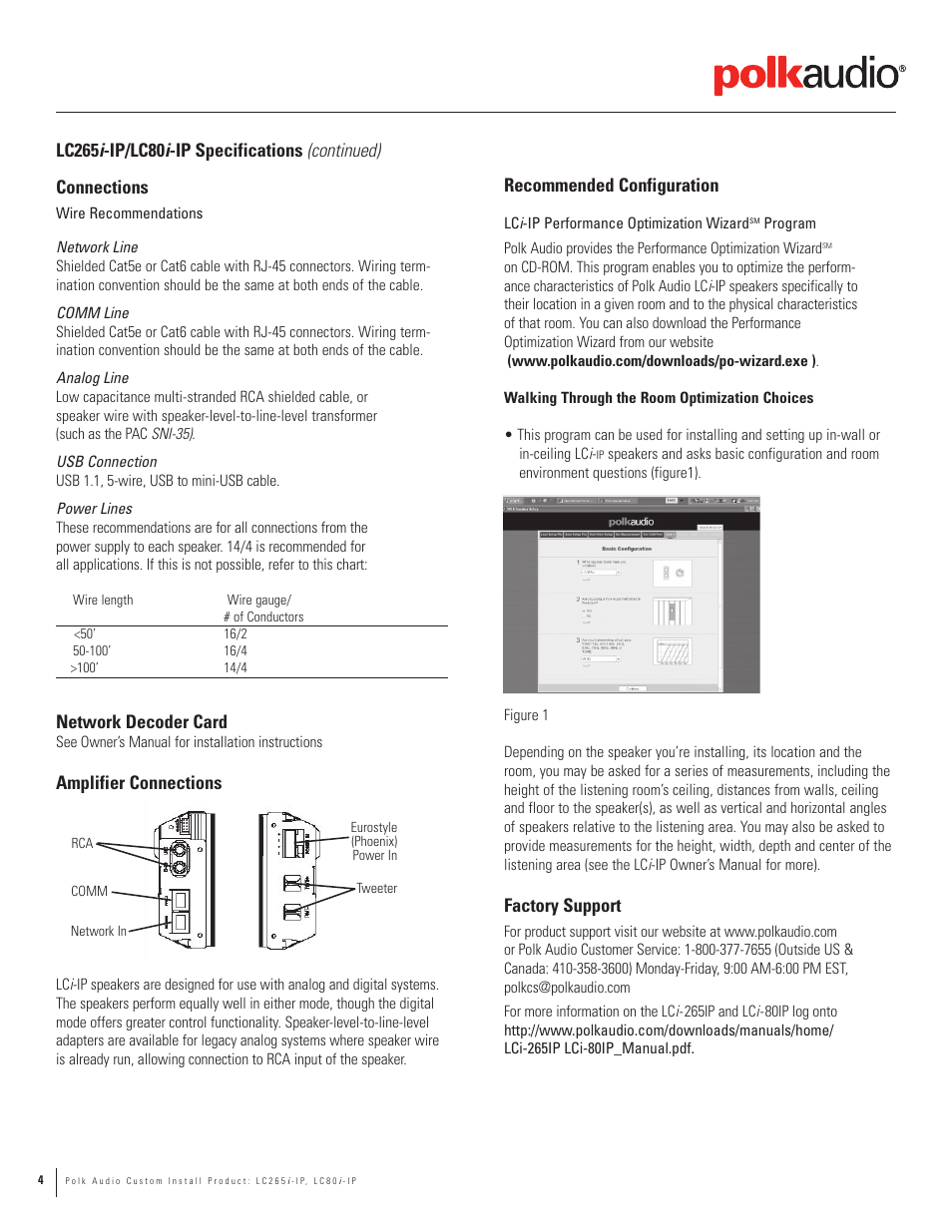 Network decoder card, Amplifier connections, Recommended configuration | Factory support | Polk Audio LC265i-IP  EN User Manual | Page 4 / 4