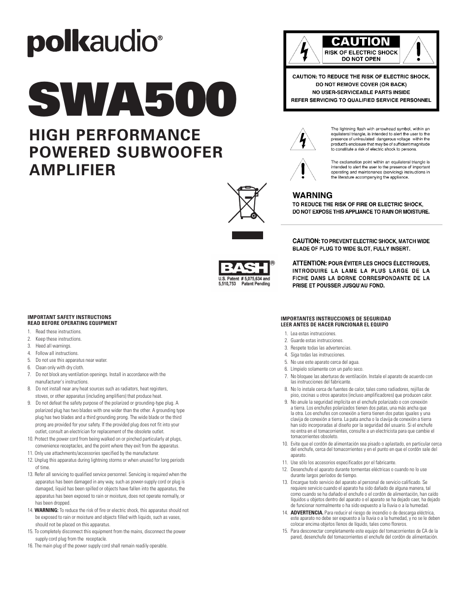 Polk Audio Polkaudio High Performance Subwoofer Amplifier SWA500 User Manual | 12 pages