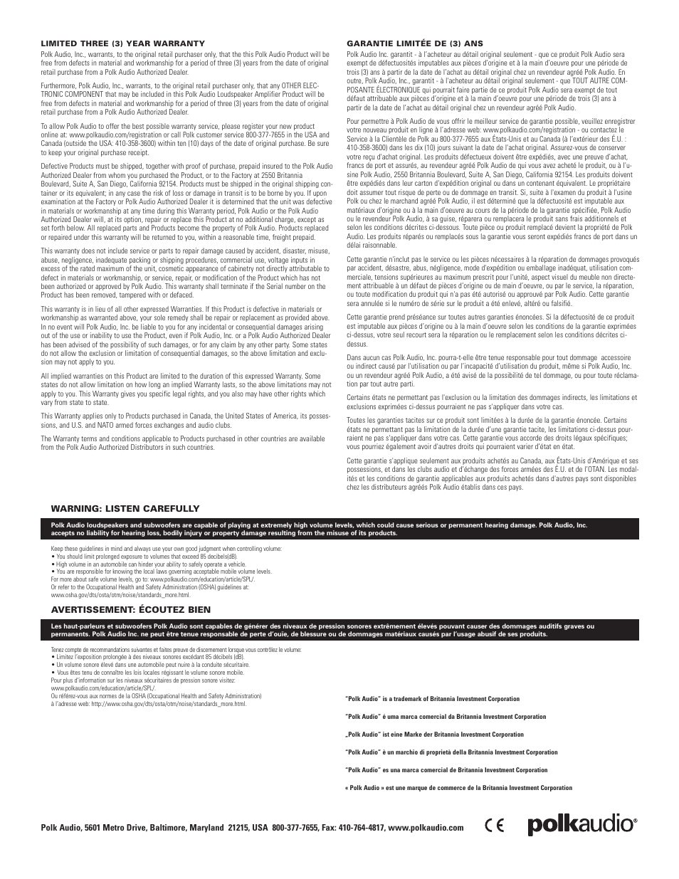 Polk Audio Polkaudio High Performance Subwoofer Amplifier SWA500 User Manual | Page 12 / 12