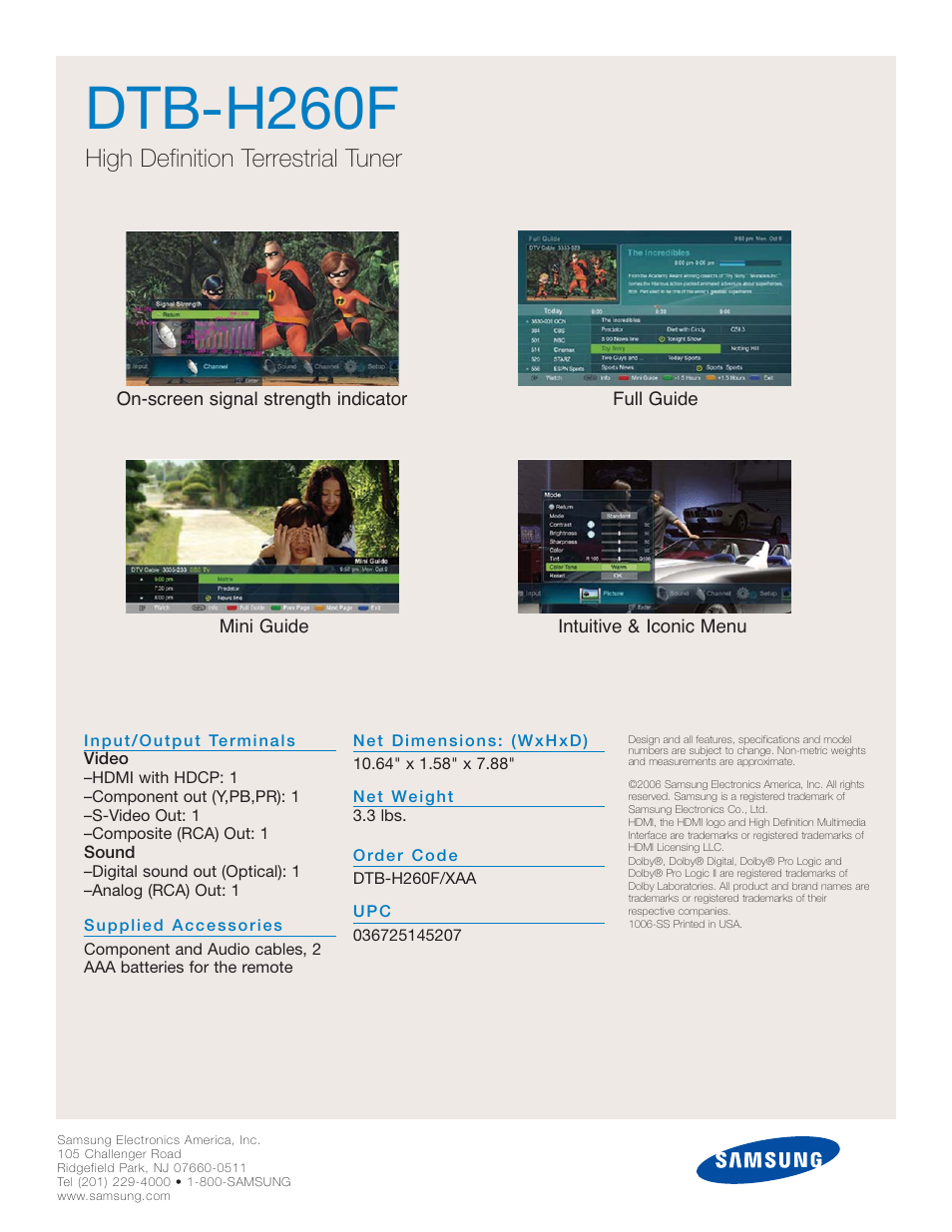 Dtb-h260f, High definition terrestrial tuner | Polk Audio DTB-H260F User Manual | Page 2 / 2