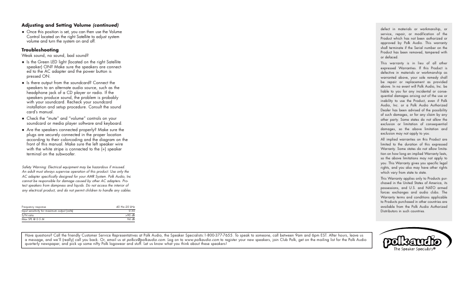 Adjusting and setting volume (continued), Troubleshooting | Polk Audio AMR50 User Manual | Page 2 / 2