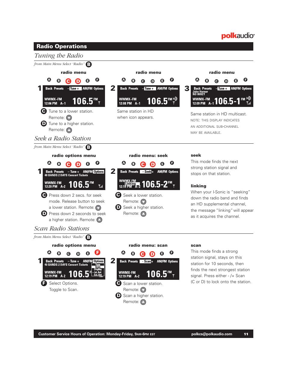 Tuning the radio, Seek a radio station, Scan radio stations | Polk Audio BM1125-A User Manual | Page 10 / 15