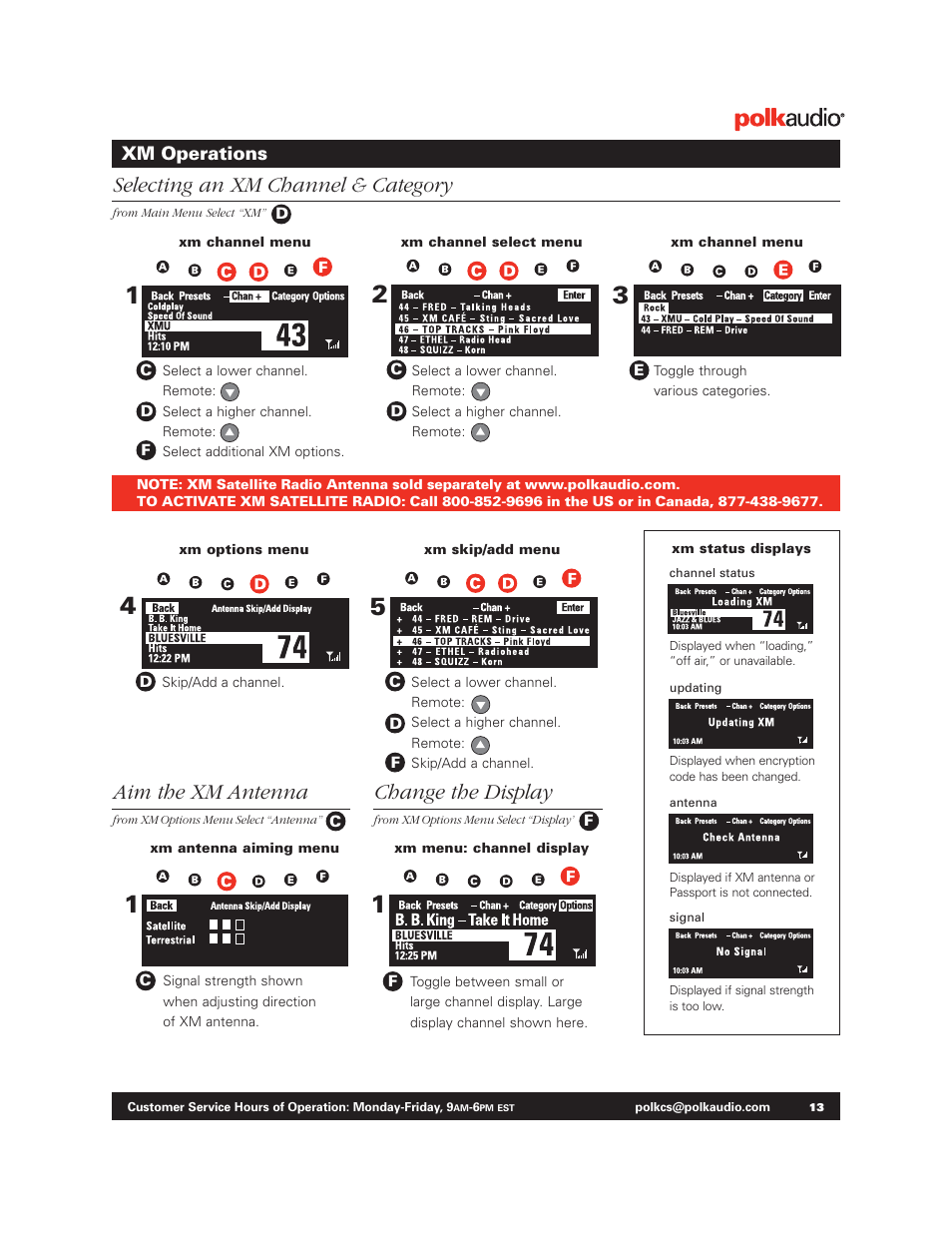 Selecting an xm channel & category, Aim the xm antenna, Change the display | Polk Audio BM1125-A User Manual | Page 12 / 15