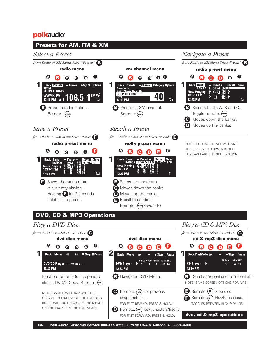 Play a dvd disc, Play a cd & mp3 disc, Select a preset | Save a preset, Recall a preset, Navigate a preset, Presets for am, fm & xm dvd, cd & mp3 operations | Polk Audio BM1125-A User Manual | Page 13 / 15