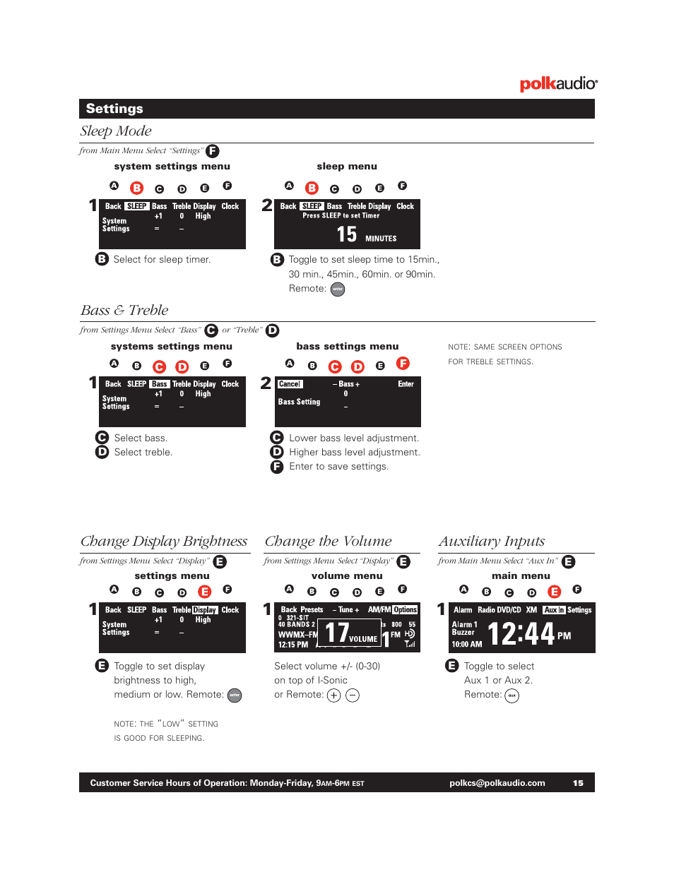 Sleep mode, Bass & treble, Change display brightness | Change the volume, Auxiliary inputs | Polk Audio BM1125-A User Manual | Page 14 / 15