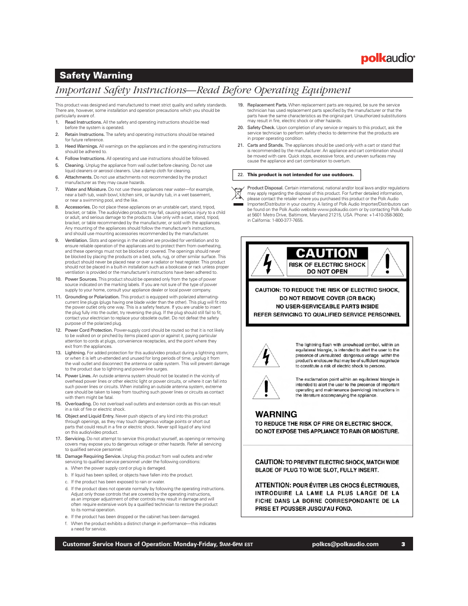 Safety warning | Polk Audio BM1125-A User Manual | Page 2 / 15