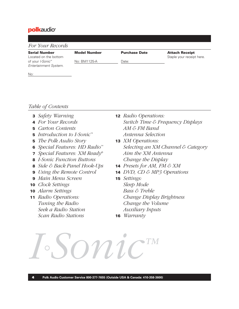 Table of contents for your records, Safety warning, For your records | Carton contents, Introduction to i-sonic, The polk audio story, Special features: hd radio, Special features: xm ready, I-sonic function buttons, Side & back panel hook-ups | Polk Audio BM1125-A User Manual | Page 3 / 15