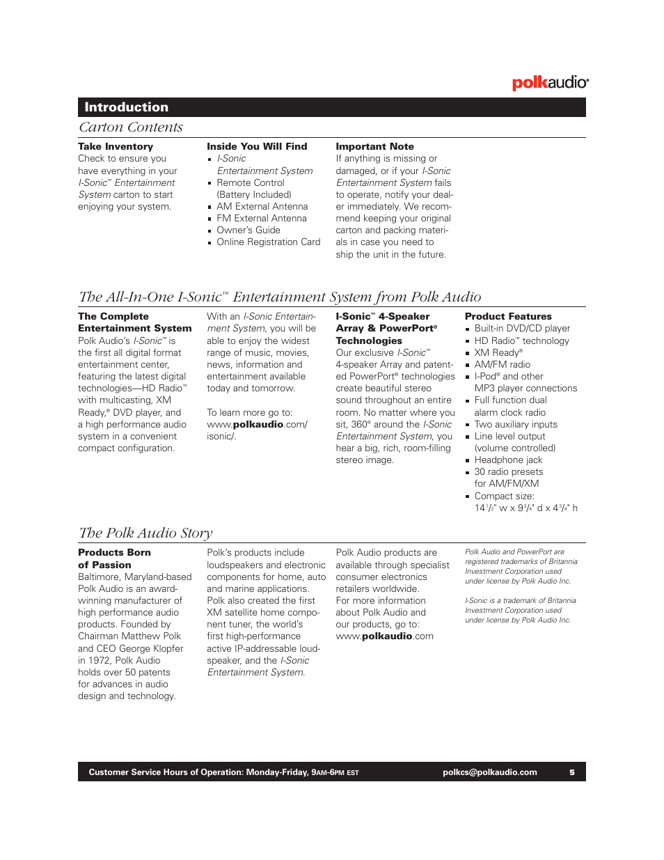 The all-in-one i-sonic, Entertainment system from polk audio, The polk audio story | Carton contents, Introduction | Polk Audio BM1125-A User Manual | Page 4 / 15