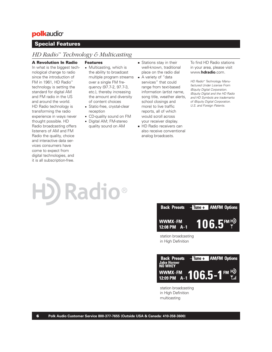 Hd radio, Technology & multicasting, Special features | Polk Audio BM1125-A User Manual | Page 5 / 15